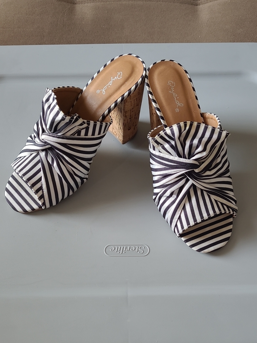 Qupid Striped Knot Front Cork Block Heel Mules - Black & White Size 7